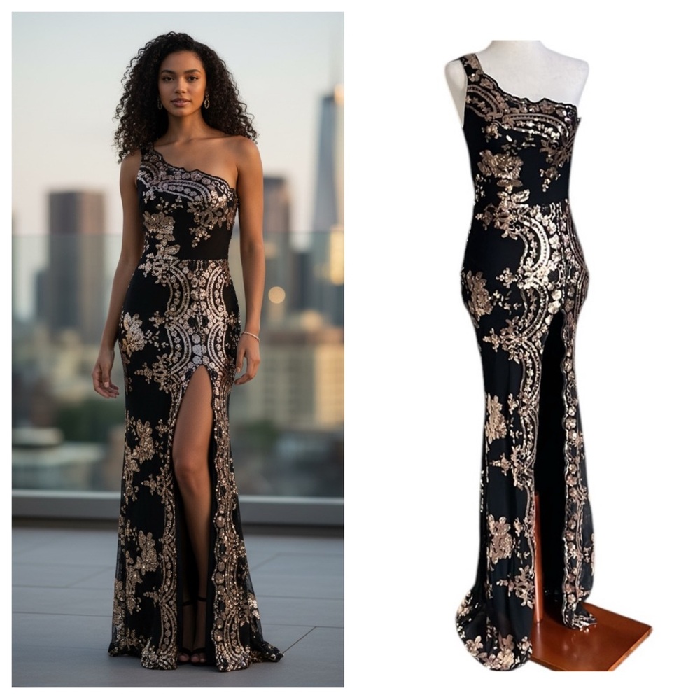 Fashion Nova All Nighter Sequin Maxi Dress - Black/Rose Gold
